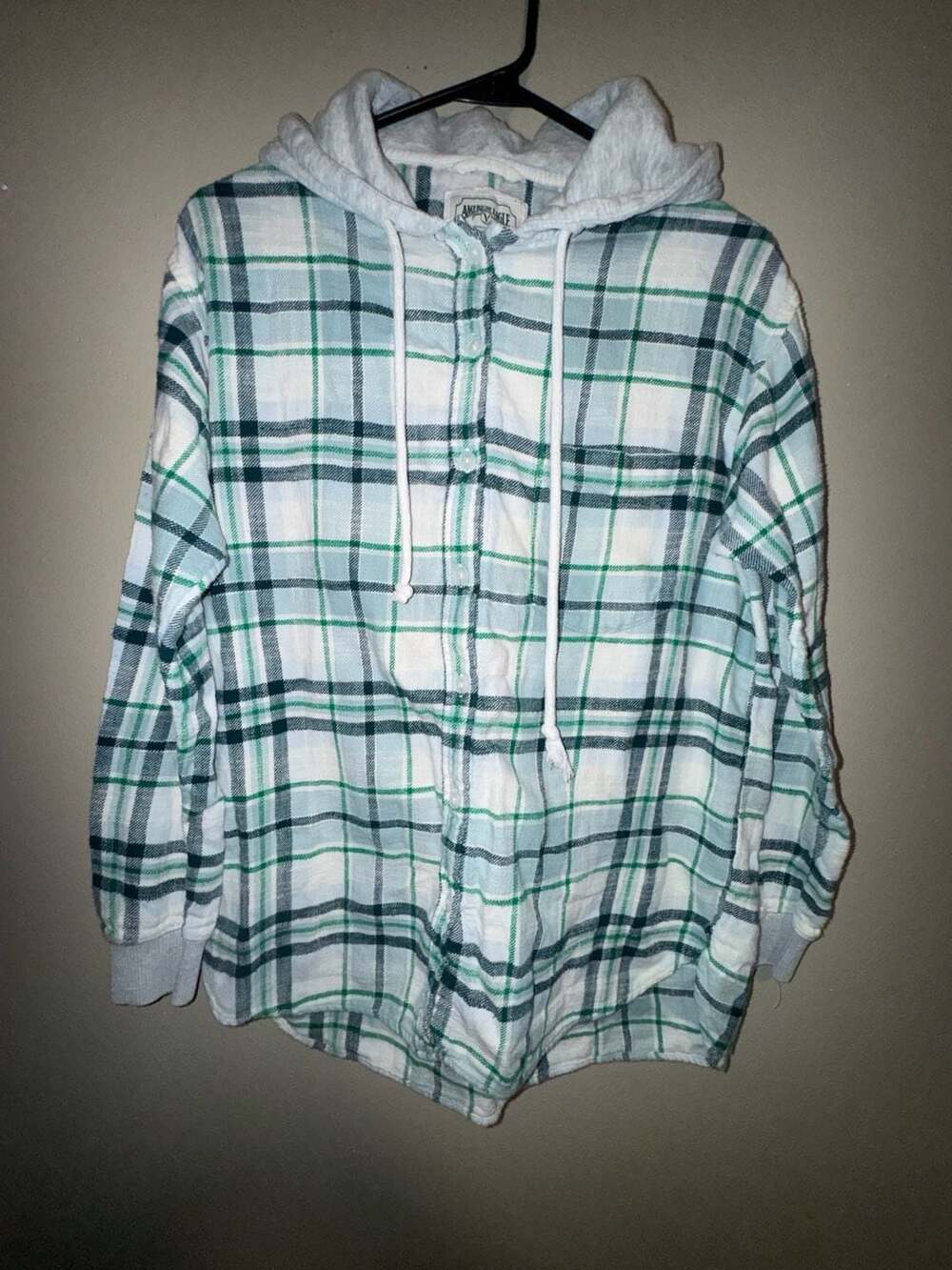 Women’s American Eagle Hooded Plaid Flannel Size S Green Blue White